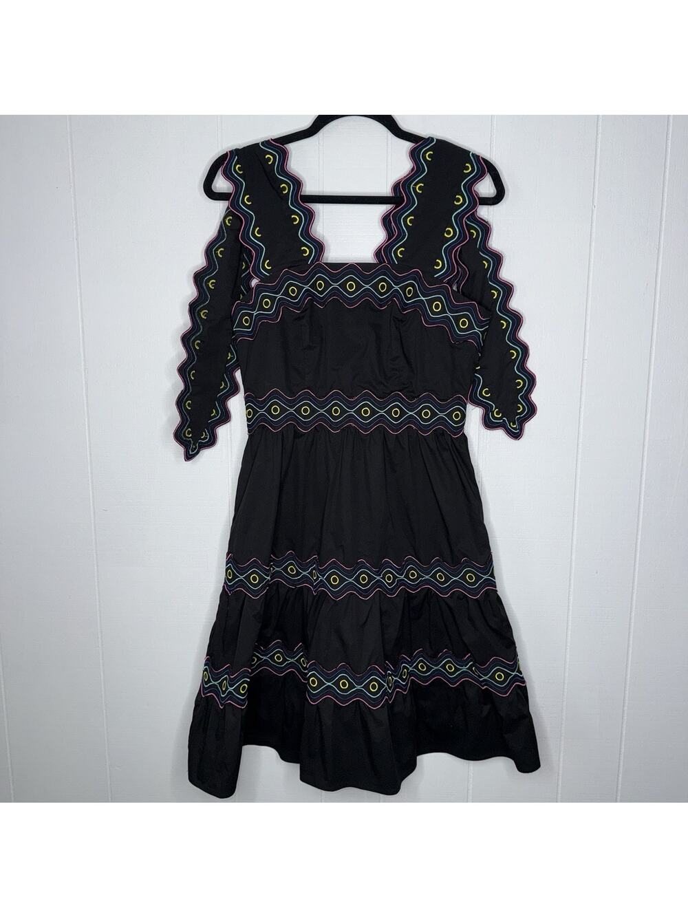 Celia B Women’s Umi Mini Dress Black Scallop Trim Multi Color Piping Size Small